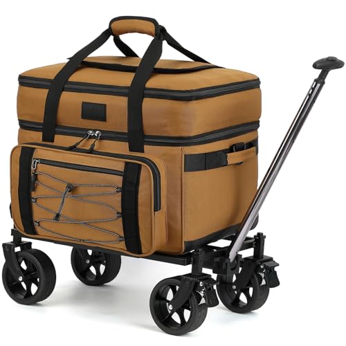 Extra Large Wheeled Portable Cooler Bag 85 Cans Double Deck Heavy Duty Rolling Insulated Cooler with All-Terrain Wheels Leakproof Tactical Soft Sided Cooler for Beach Camping Picnic Travel, Brown