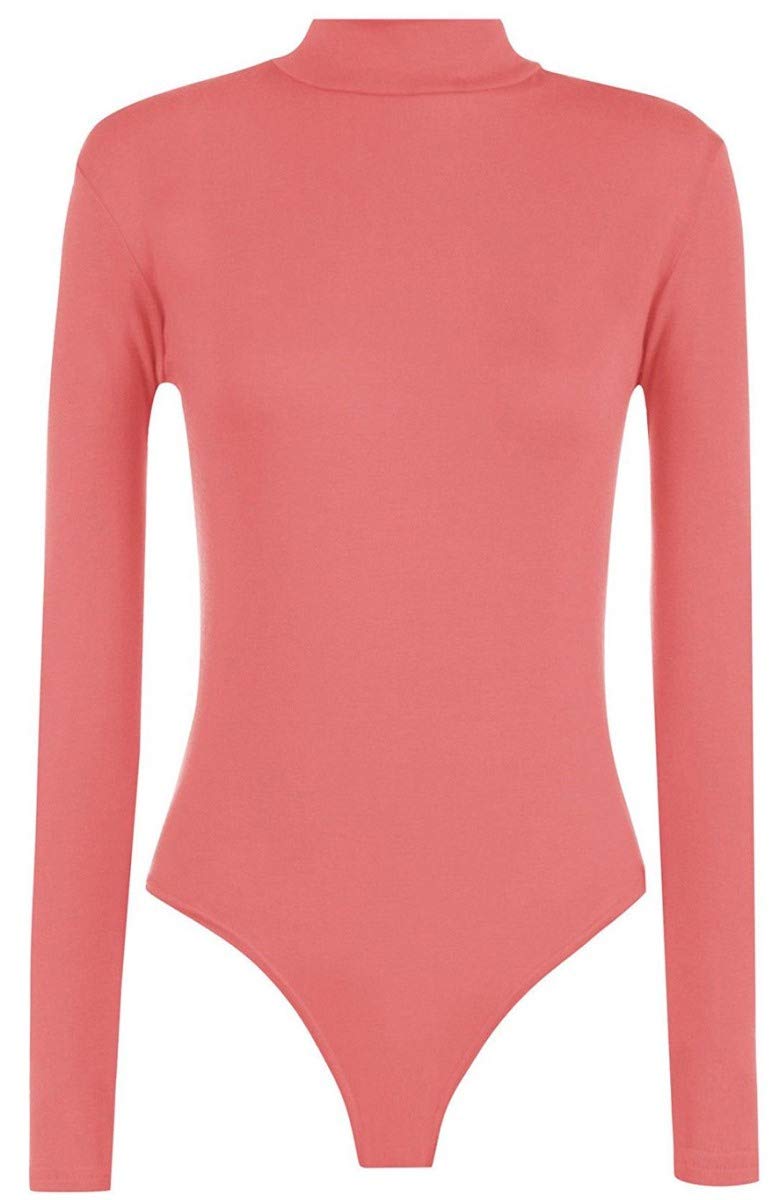 NAZ Fashion Womens Ladies Long Sleeve Polo Turtle Neck Plain Stretch Bodysuit UK 8-26 Coral