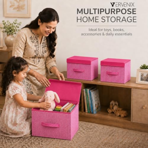 Image of VERVENIX Foldable Storage Box with Lid & Handle, Pack of 3 | Clothes Storage Organizer for Wardrobe | Non-Woven Storage Box for Clothes, Toys, Blankets & Linen | Foldable Home Organizer, Pink