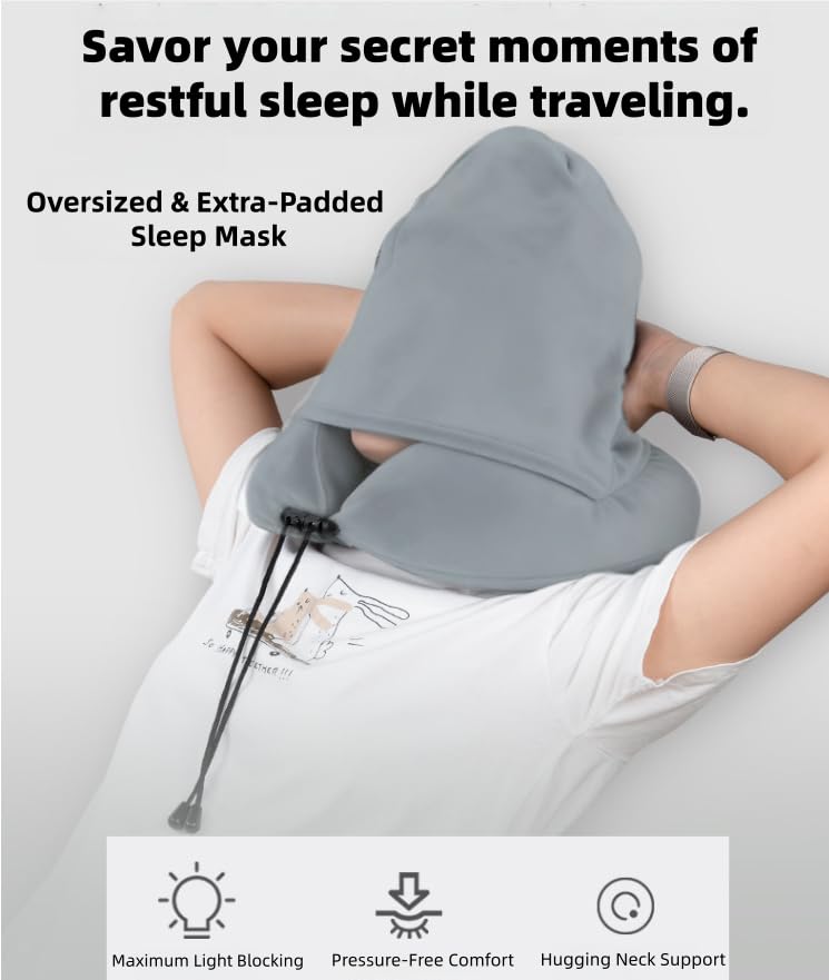 Image of Travel Neck Pillow with Extra Large Hood Rollable Airplane Hooded Neck Pillow with Memory Foam Filling and Removable, Skin-Friendly Cover with Carrying Case & Pouch (Velvet)