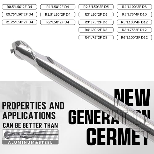 Image of MYS Cermet Ball Nose End Mill -2 Flute-4mm, 5mmfor Drill Press & Milling Machine,CNC Router Bits Carbide Speed Square for Medium &Low-Carbon Steel，High Speed Machine & More (R4-L100-D8)