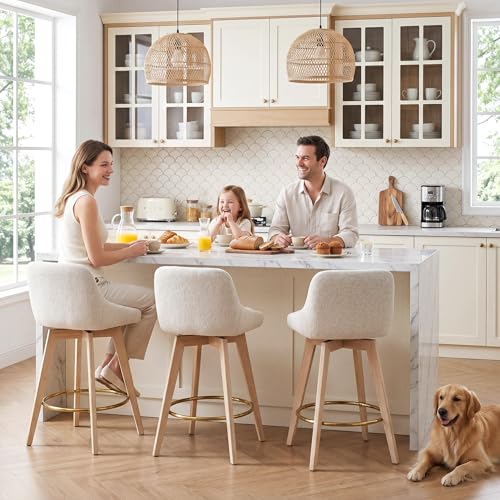 Image of Zesthouse Swivel Counter Height Stools Set of 4, 26 inch Wooden Barstools with Back & Solid Wood Legs, Modern Upholstered Bar Stools for Kitchen Island, Beige Linen Fabric Counter Height Chairs