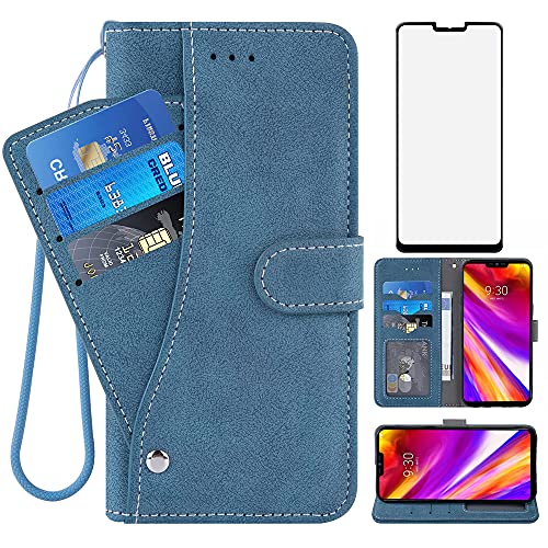 Compatible with LG G7 ThinQ Wallet Case and Tempered Glass Screen Protector Flip Credit Card Holder Stand Cell Phone Cover for LGG7 One G 7 Plus LG7 Fit LG7ThinQ 7G Thin Q G7+ G7thinq LGG7thinq Blue