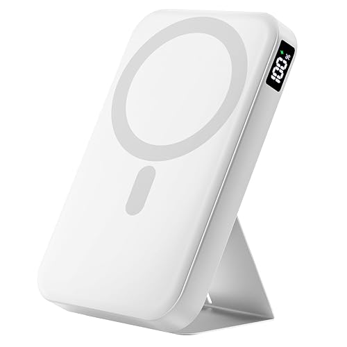 Gxorul Magnetic Portable Charger, 10000mAh Power Bank with Leather Foldable Stand - Travel Essentials, USB-C 20W Fast Charging for Magsafe Battery Pack, Compatible with iPhone 17/16/15/14/13 Series - White