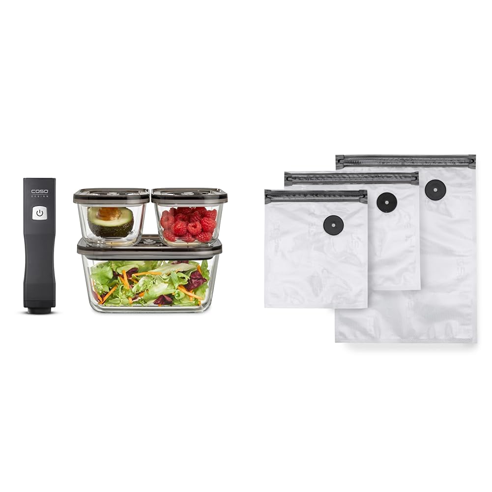CASO Vacu OneTouch Eco-Set Handvakuumierer inkl. 3 Vakuumbehälter aus Glas & Vacu ZIP-Bags Set