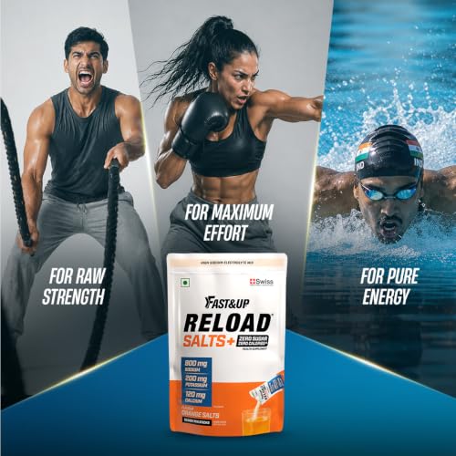 Image of Fast&Up Reload Salts | High Sodium Electrolyte Drink Mix | 900mg Sodium | Zero Sugar, Zero Calories| 5 Electrolytes - Potassium, Magnesium, Calcium & Chloride | Instant Hydration | Vegan, No Preservatives | (15 Sachets, Orange)