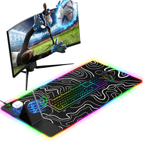 Image of Mouse Pad with Foldable Phone Holder & Wireless Charger, XXL RGB Gaming Mousepad 31.5 inchx15.8 inch Large Desk Mat for Keyboard, 11 Colors 5 Modes
