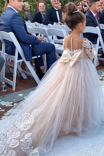 BOLENSYE Lace Long Sleeve Flower Girls Dress for Wedding Puffy Tulle Crew Neck Pageant Prom Ball Gown with Bow3
