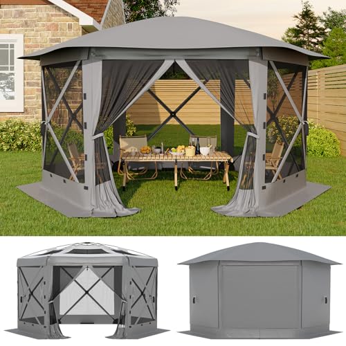11.5x11.5FT 6-Sided Pop Up Gazebo Tent,One-Push Setup Canopy Tent with Mesh Panels & Removable Wind Cloths, Outdoor shelter for Camping, Backyard Pa