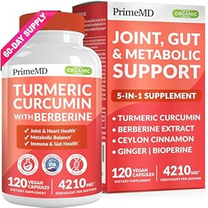 5-in-1 Organic Turmeric Curcumin Supplement (4210mg) with Berberine, Ceylon Cinnamon Bioperine and Ginger Supplements for Joint, Heart, Gut, & Metabolic Support (120 ct)