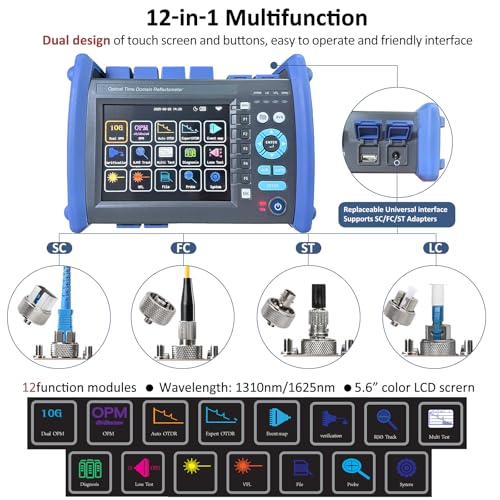Image of 12-in-1 OTDR Optical Fiber Tester 1310 /1550 /1625nm,37 /36 /37db,5.6' Touch Screen,Integrat ing Automatic OTDR, Expert OTDR, Event Map, 10G Dual OPM,Optical Power Meter, End StateCheck