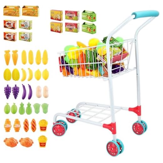 deAO 47PCS Carritos de la Compra de Metal para Niños con Comida de Juego Frutas,Carritos de la Compra para Niños Juego de Juguetes de Cocina,Carrito de Supermercado Pequeño para Niños Partir de 3 Años