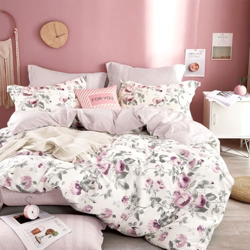 ALEISSEL Vintage Cotton 3pcs Floral Comforter Sets King Size - Dusty Purple Rose...