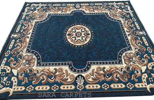 Image of Soft Thick Geometric Acrylic Washable Anti Skid Carpet. for Living Room Bedroom. Hall Size 7 x 10 feet (150X210 Cm) Blue D9