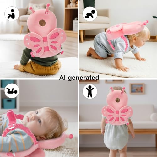 Image of Baby Head Back Protector Backpack Toddler Safety Protector Cushion Pad Soft, Adjustable and Lightweight Design for Safe Walking and Crawling Toddlers Girls and Boys(Pink Butterfly)