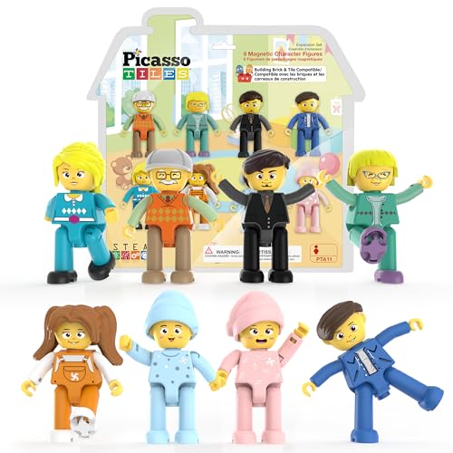 PicassoTiles 8 Piece Magnetic Action Figures Family Character Set Compatible with Magnet Tile Building Blocks STEM Educational Toy for Kids Pretend Play Construction Expansion Pack Creative Play PTA11