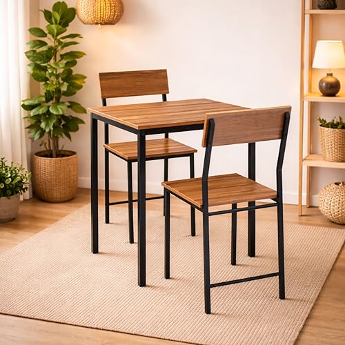 Image of Dining Table Set of 2, 2 Seater Dining Table with Chairs, Engineered Wood Top & Metal Frame, Space Saving Compact Dining Table for Kitchen, Home & Apartment (Teak Walnut - DIY)