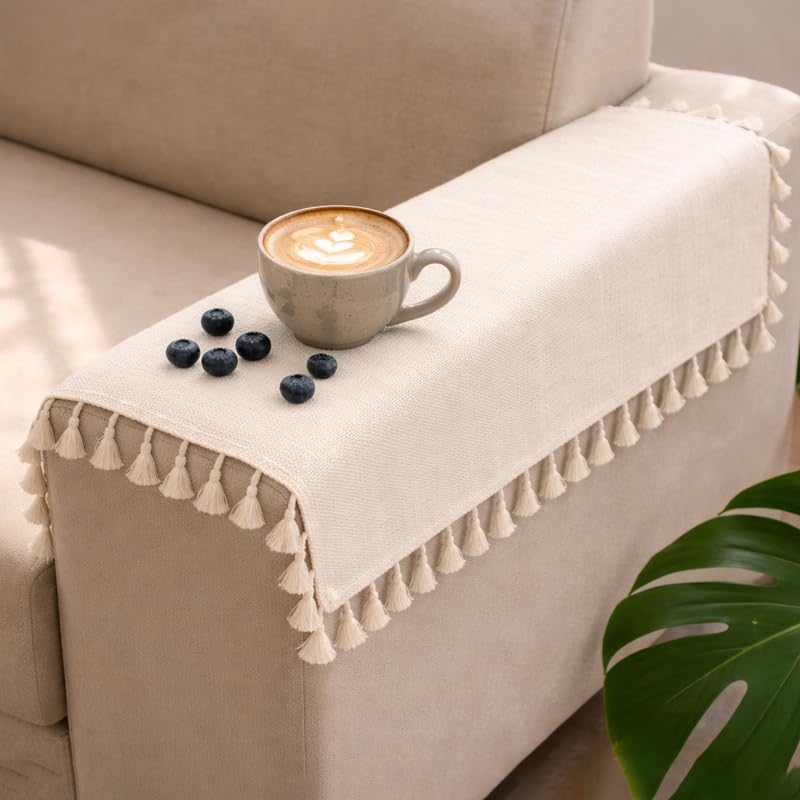 Image of STITCHNEST Jute Sofa Arm Cover with Tassels | Elegant Textured Hand Rest Protector | Durable & Long-Lasting | 18 x 22 Inches