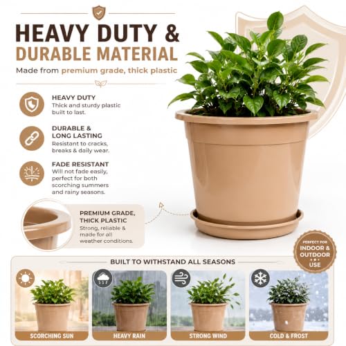 Image of 12 Inch Glossy Dune Beige Plastic Planter with Bottom Plate | Heavy Duty Flower Pot with Tray for Indoor Home Decor, Balcony, Living Room & Outdoor Garden (10 Pot, Dune Beige)