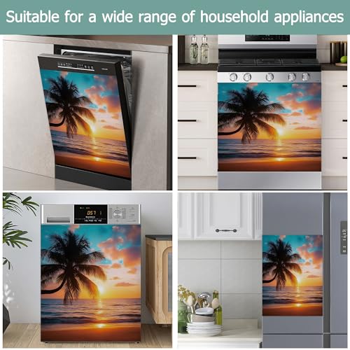 Image of Dishwasher Magnets Decorative Cover,Coconut Tree Refrigerator Magnet Cover,Washable Summer Beach Sunset Dishwasher Front Panel Cover Home Kitchen Decoration 23x26 Inch