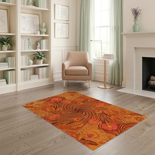 ODIKA 4'x6' Washable Art Nouveau Floral Accent Rug, Rust Non-Shedding Small Carpet Pet Friendly & Non-Slip for Playroom, Bedroom, Reading Nook | Ref:2001423