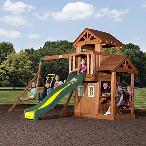 Backyard Discovery Tanglewood Cedar Wood Swing Set with Wave Slide, Clubhouse, Playhouse, Covered Snack Bar Window, Bench, Rock Wall Ladder, Belt Swings, Trapeze, Porch, Step Ladder, Outdoor Playset - image 2