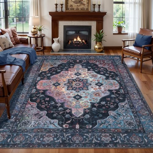 Image of Tangsoo Vintage 4x6 Washable Area Rug for Living Room, Non Slip Rug Blue