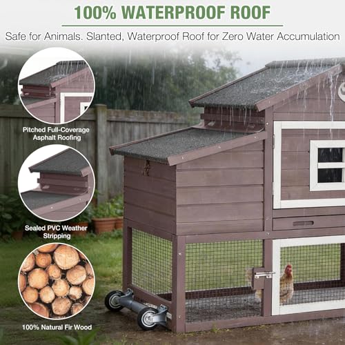 Image of Mobile Chicken Coop with Run Large Hen House with Wheels Chicken House Poultry Cage with Nesting Box, Pull-Out Tray, Waterproof Roof for 3-5 Chickens (Brown, 72.3 inch L x 26 inch W x 39.4 inch H)