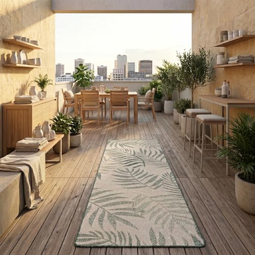 Snapstyle Alfombra Pasillera Interior y Exterior Newport Verde – Alfombra Reversible con Moderno Diseño de Hojas para Pasillo, Balcón y Terraza