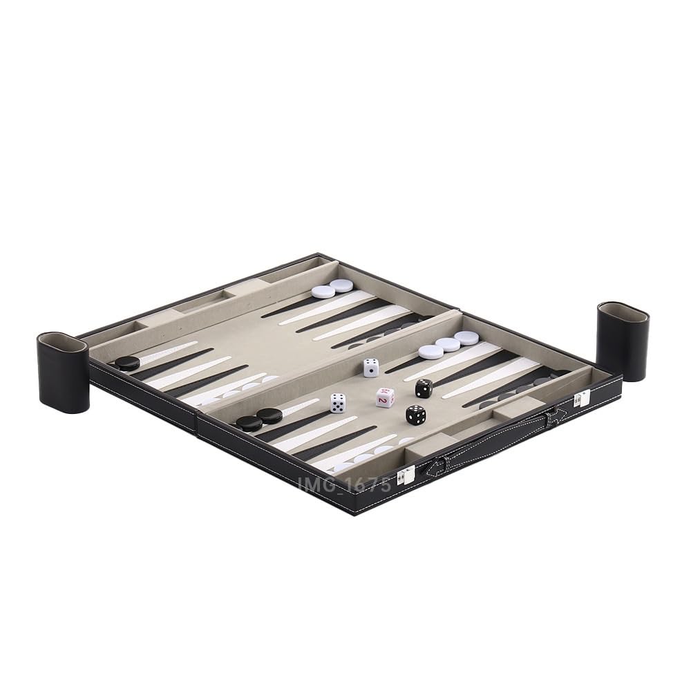 Set da backgammon for adulti, set da gioco da tavolo in pelle PU nera da 15 pollici, set da backgammon da viaggio classico for 2 giocatori scacchiera portatile