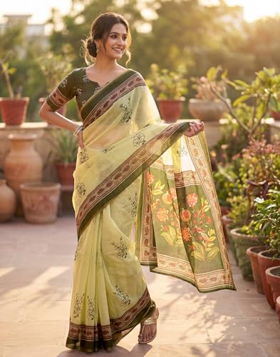 Image of SIRIL Women's Printed Cotton Linen One Minute Ready to Wear Saree With Unstitched Blouse Piece
