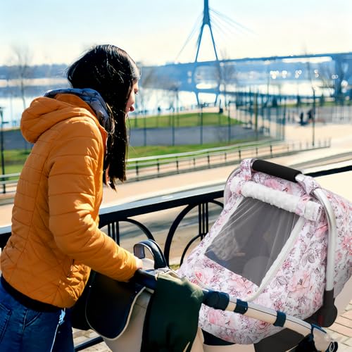Image of Car Seat Cover Baby Girls, Mink Dot Carseat Covers for Newborn with Breathable Mesh and Sun Shade Window, Warm Stretchy Infant Car Seat Canopy Snug Fit Baby Carrier, Stroller