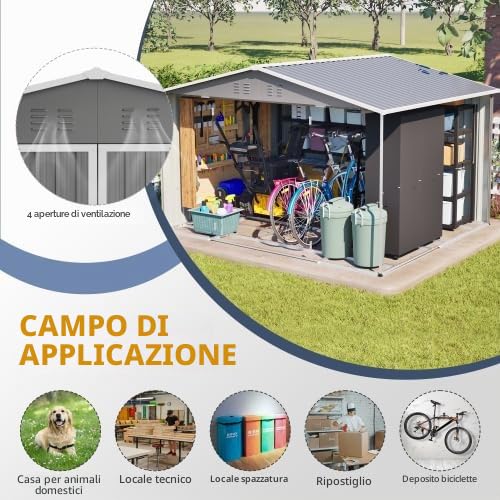 XXXL capanno per attrezzi 3x2,5m (300x252 cm) – Grande casetta da giardino con tetto a capanna e 2 porte a battente. Capanno in acciaio per motociclette e biciclette, grigio
