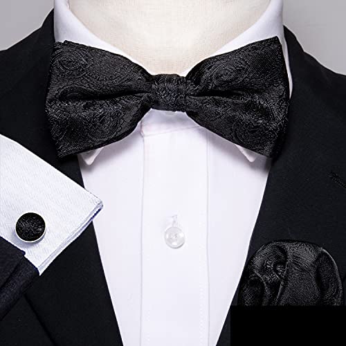 Image of YOHOWA Mens Bow Tie Set Paisley Pre-tied Bowties Adjustable with Handkerchief Cufflinks Gold Ring Set Wedding Prom Party