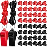 Flutesan 48 Pcs 48 Pcs Plastic Whistles Bulk with Lanyard Sports Loud Crisp Sound Whistles for Coach Referees Training Emergency (Black,Red)