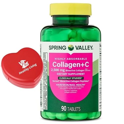 Spring Valley Highly Absorbable Collagen + C Tablets for Hair/Skin/Nail Health, 2,500 mg, 90 Count + vit4 Pill Box.