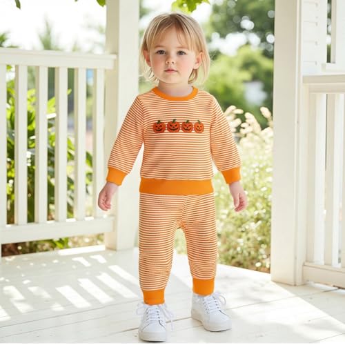 Toddler Baby Boy Girl Halloween Outfit Pumpkin Ghost Embroidery Striped Waffle Sweatshirt and Pants Set Fall Clothes2
