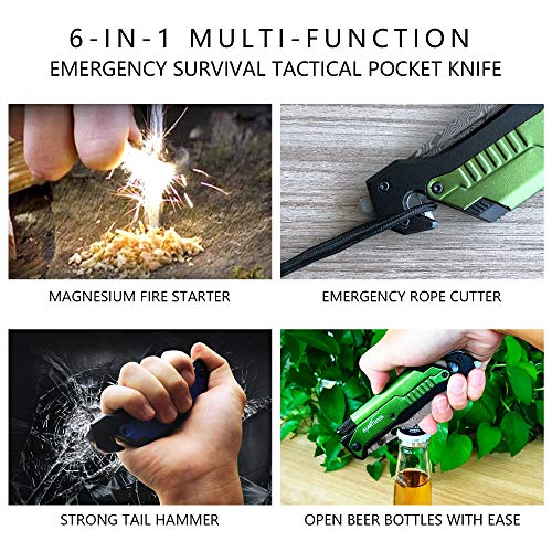 Image of ALBATROSS 6-in-1 Modern Damascus Steel Folding Pocket Knives with LED Light,Seatbelt Cutter,Glass Breaker,Magnesium Fire Starter,Bottle Opener;Multi-Function Emergency Tool(Green-DA)