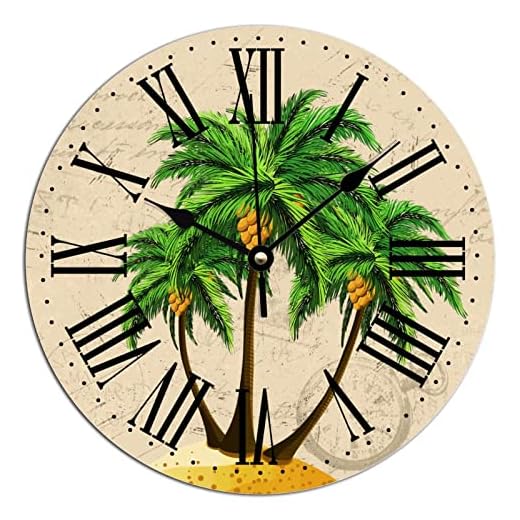 10x10in Tuscan Country Style Clock Vintage French Style Palm Tree PVC Clocks for Wall Summer Beach Decor Tropical Palm Wall Clocks Round Wall Clock Silent Clock for Home Office