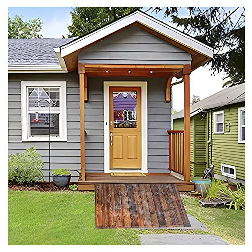Rampe de seuil de porte en bois marron naturel pour fauteuil roulant et transition de terrasse