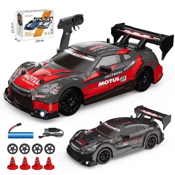 RIZAMZ RC Drift Car 4WD Remote Control Racing Car with Replaceable Drift Tyres, Neon Lights, Rechargeable, with 4 Cones, Gift for Boys and Girls (Red Nissan)