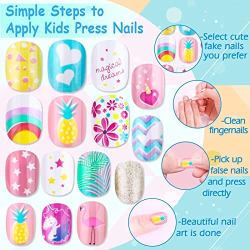 144 Pieces Kids Press On Nails Grils, Thrilez Children Fake Nails Artificial False Nail Tips Pre Glue Full Cover Short Acrylic Nails For Girls Kids Nail Art Decoration (Rainbow Sky) #TOP5