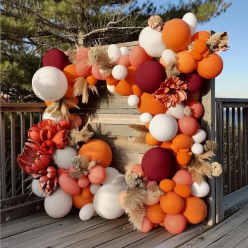 Image of Orange Red Balloon Garland Double Stuffed Burgundy White Balloon Arch Kit | Dusty Pink Orange Balloons for Fall Autumn Birthday Pumpkin Wedding Baby Shower Bridal Shower Backdrop Party Decorations