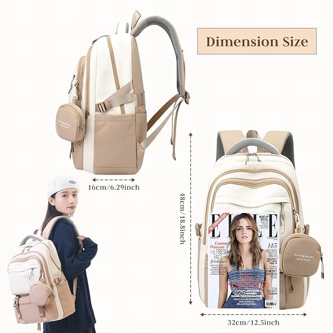 Image of Girls School Backpack with Small Zipper Pouch Fashion Nylon Backpack Multi Compartment Large Capacity Bag with Padded Shoulder Straps & Handle for School Travel Camping College