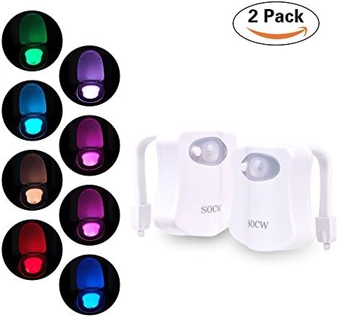 SOCW Toilet Light, Auto Body Motion Activated Toilet Night Light 8 Color Changing LED Toilet Seat Light Motion Sensor Toilet Bowl Light with 6pcs Batteries, Fit Any Toilet (2 Pack)