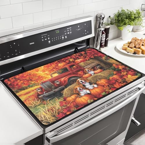 Image of Puppy Pumpkin Cat Stove Top Covers for Electric Stove, Heart Resistant Dish Drying Mats, Extra Large Countertop Mat for Kitchen, Folding Mat,Thanksgiving Decor