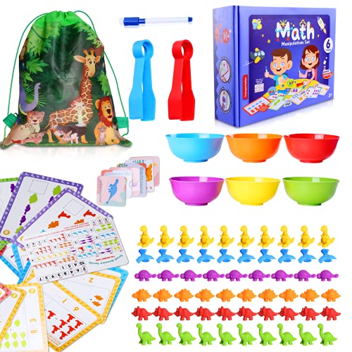 Counting Dinosaurs Sorting Toy Set With Matching Cups Toddlers 72 PCS Dino Counting Toys with Math Cards Preschool Learning Toys STEM Educational Game for Kids 3 4 5 6 7 8+ Years Boys Girls