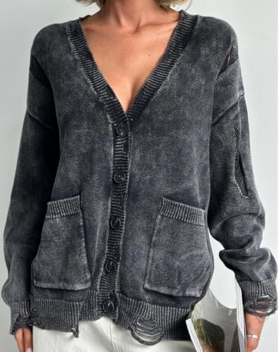 Women's Distressed Ripped Cardigan Sweater V Neck Button Down Long Sleeve Slouchy Pullover Knit Sweater2