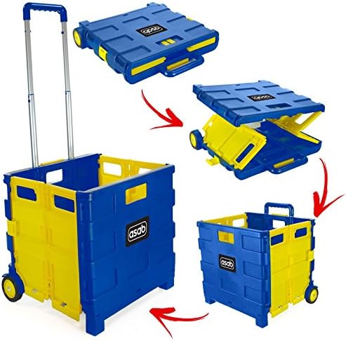 Foldable Plastic Book Trolley Cart Lightweight Teacher's Book Cart 2 Wheeled Book Trolley On Wheels Folding Storage Box with Aluminium Handle Shopping Trolley On Wheels (35KG, Yellow & Blue)