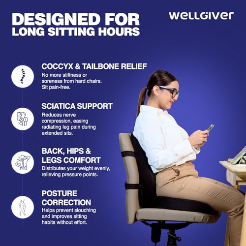 Image of WELLGIVER Memory Foam Coccyx Seat Cushion - Orthopedic Chair Pad for Tailbone, Sciatica & Lower Back Pain Relief | Ideal for Office Chairs, Car Seats & Home Use | Removable & Washable Cover